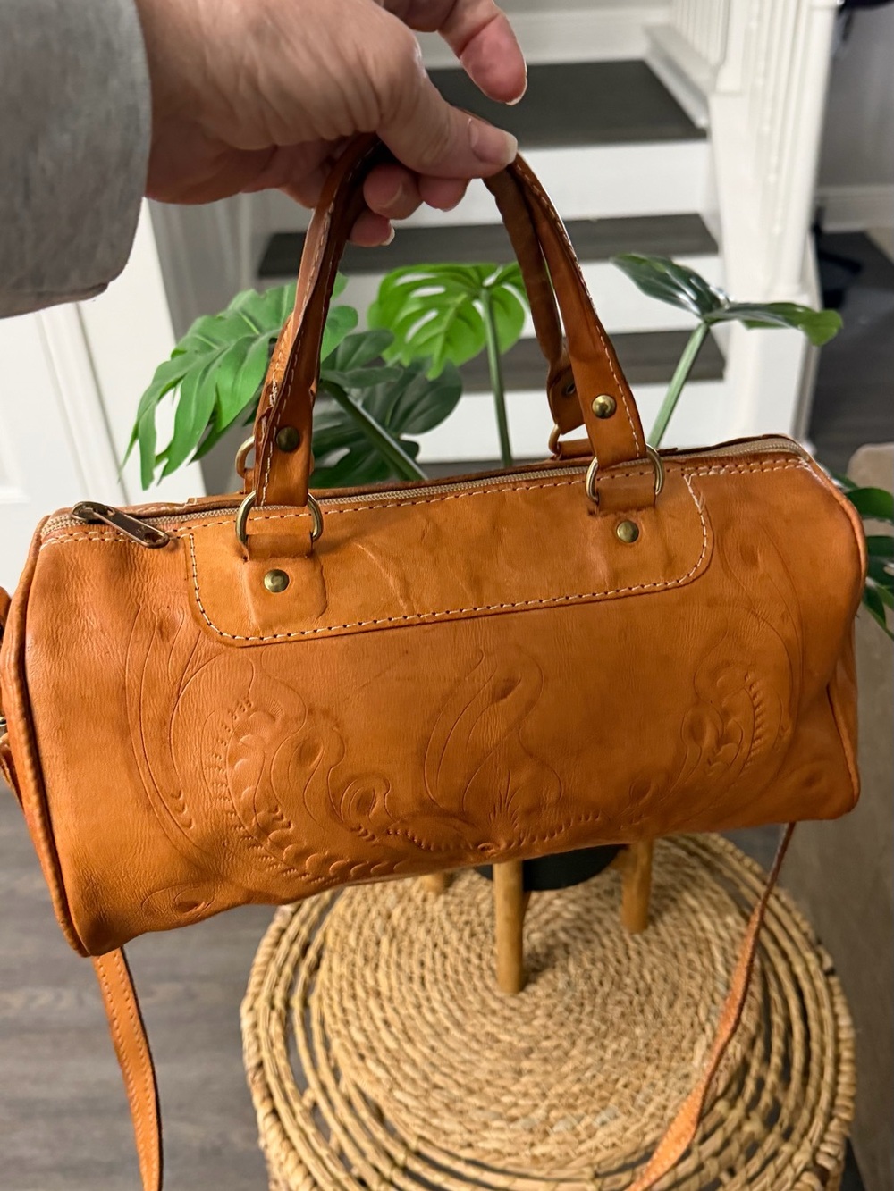 Women's Embossed Barrel Shoulder Bag in Tan - Versatile Everyday Style